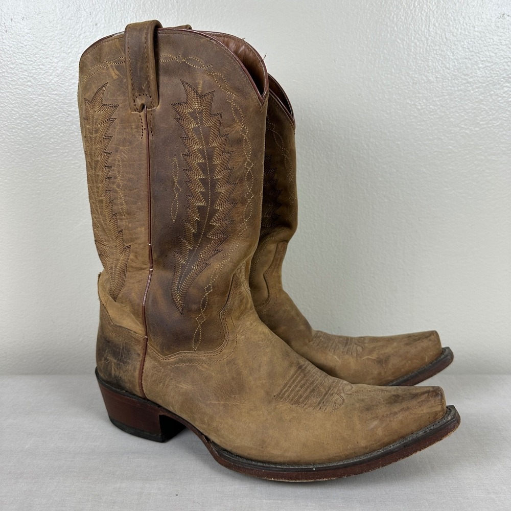 Dan Post Men's 9.5 D Cowboy Boots Tan Distressed Leather Snip Toe DP2211
